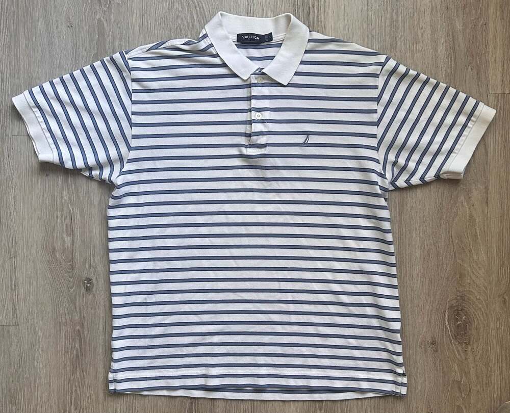 Nautica Blue and White Striped Short Sleeve Polo Shirt Men's Size L